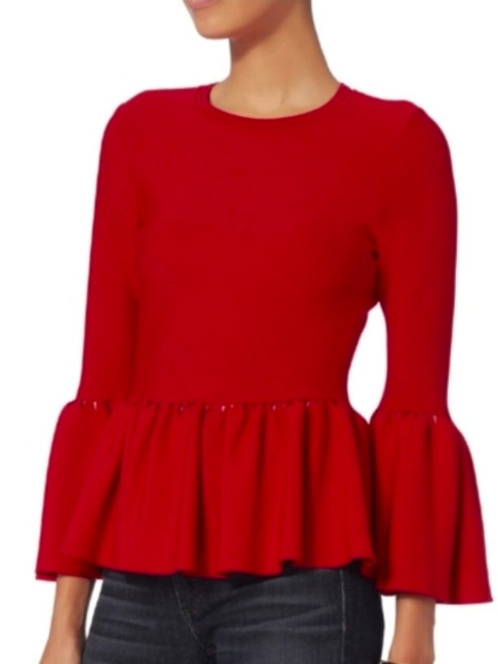 Jonathan Simkhai Slashed Knit Bell Sleeve Peplum Red Top Size XS